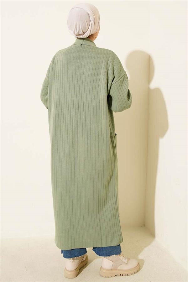 Shawl Collar Knitted Cardigan with Buttoned Sleeves, Almond Green