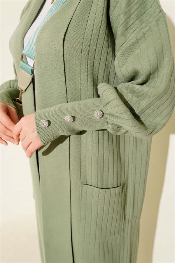 Shawl Collar Knitted Cardigan with Buttoned Sleeves, Almond Green