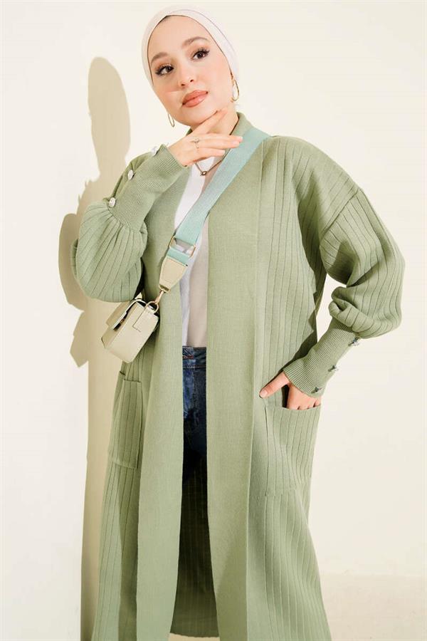 Shawl Collar Knitted Cardigan with Buttoned Sleeves, Almond Green