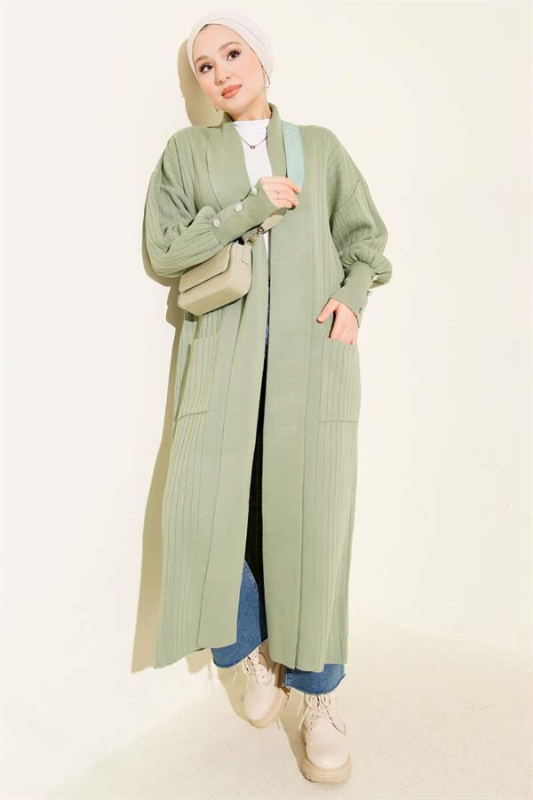 Shawl Collar Knitted Cardigan with Buttoned Sleeves, Almond Green