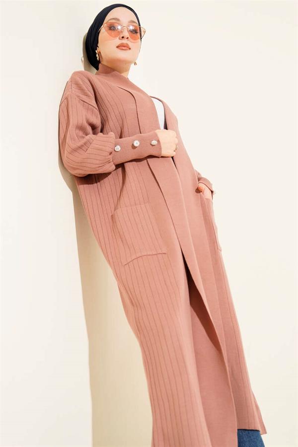 Shawl Collar Knitted Cardigan with Buttoned Sleeves, Dusty Rose