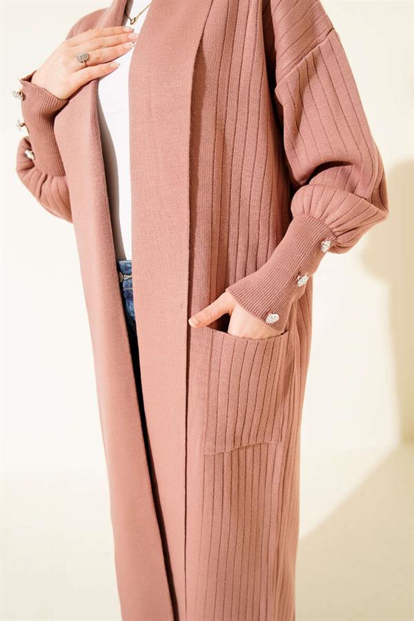 Shawl Collar Knitted Cardigan with Buttoned Sleeves, Dusty Rose