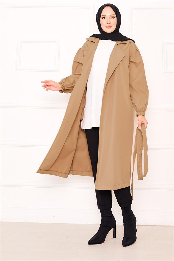 Camel Hijab Trench Coat with Elasticated Sleeves and Removable Belt