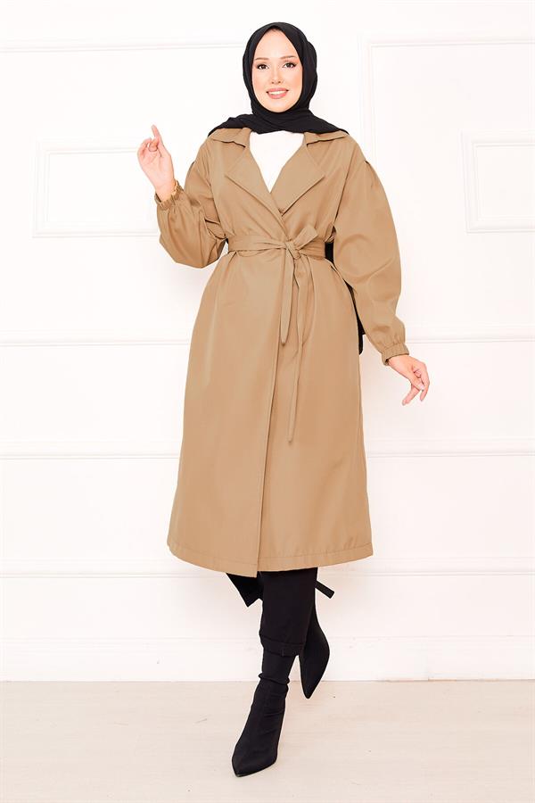 Camel Hijab Trench Coat with Elasticated Sleeves and Removable Belt