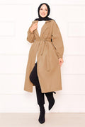 Camel Hijab Trench Coat with Elasticated Sleeves and Removable Belt