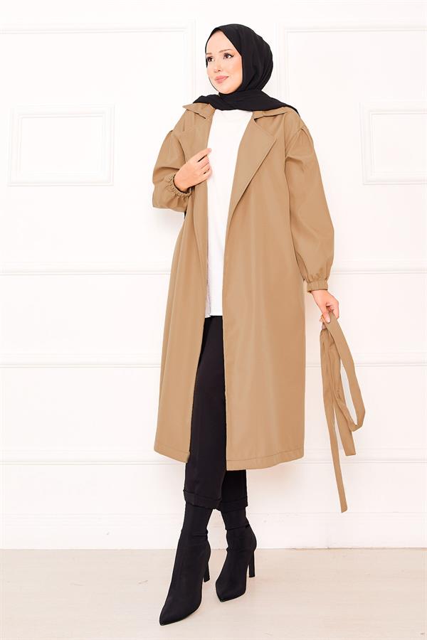 Camel Hijab Trench Coat with Elasticated Sleeves and Removable Belt