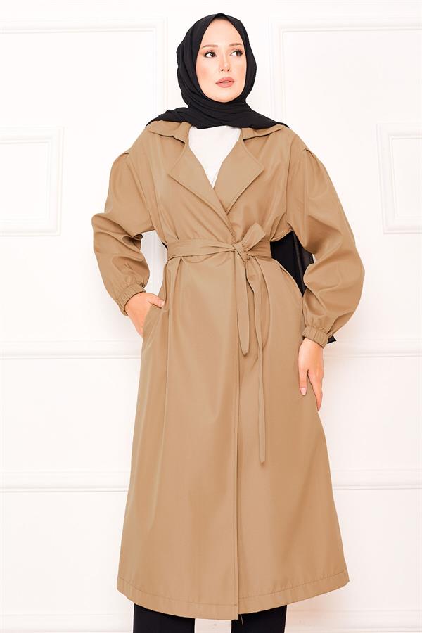 Camel Hijab Trench Coat with Elasticated Sleeves and Removable Belt