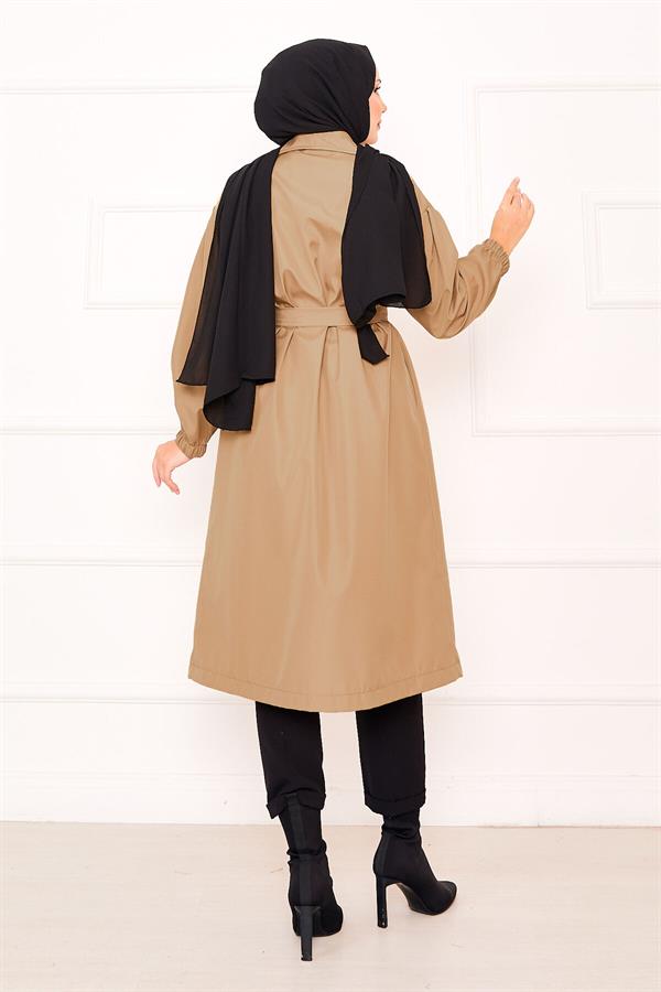 Camel Hijab Trench Coat with Elasticated Sleeves and Removable Belt