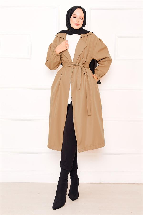 Camel Hijab Trench Coat with Elasticated Sleeves and Removable Belt