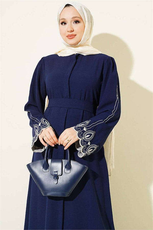 Navy Blue Abaya with Embroidered Cuffs and Belt