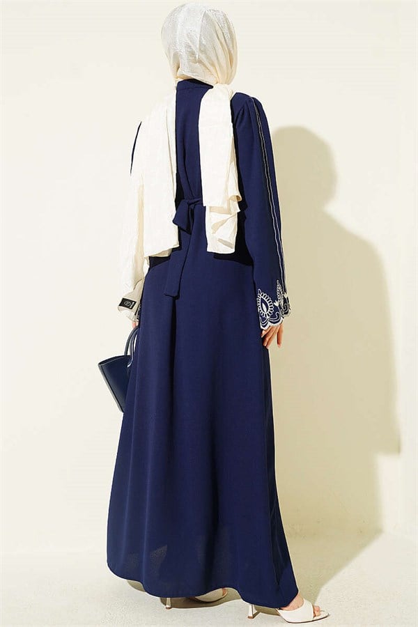 Navy Blue Abaya with Embroidered Cuffs and Belt