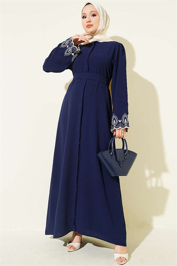 Navy Blue Abaya with Embroidered Cuffs and Belt