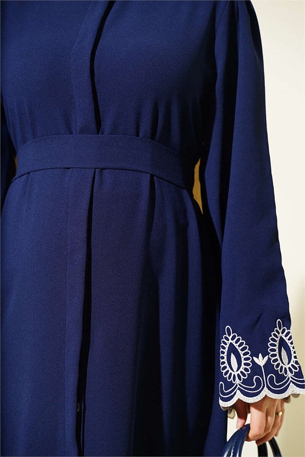 Navy Blue Abaya with Embroidered Cuffs and Belt