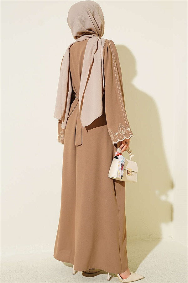 Abaya Latte with Embroidered Cuff Belt