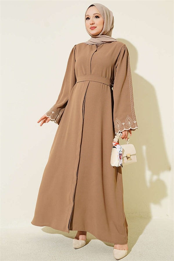 Abaya Latte with Embroidered Cuff Belt
