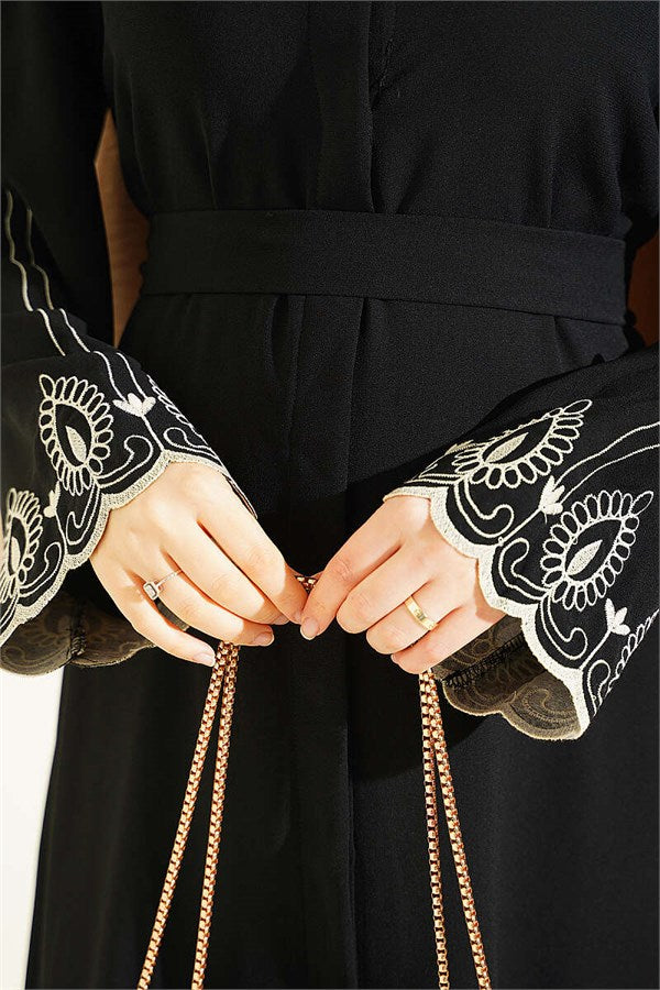 Black Abaya with Embroidered Cuffs and Belt