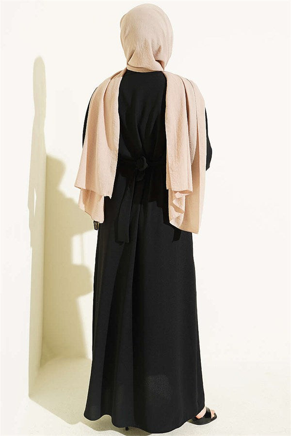 Black Abaya with Embroidered Cuffs and Belt
