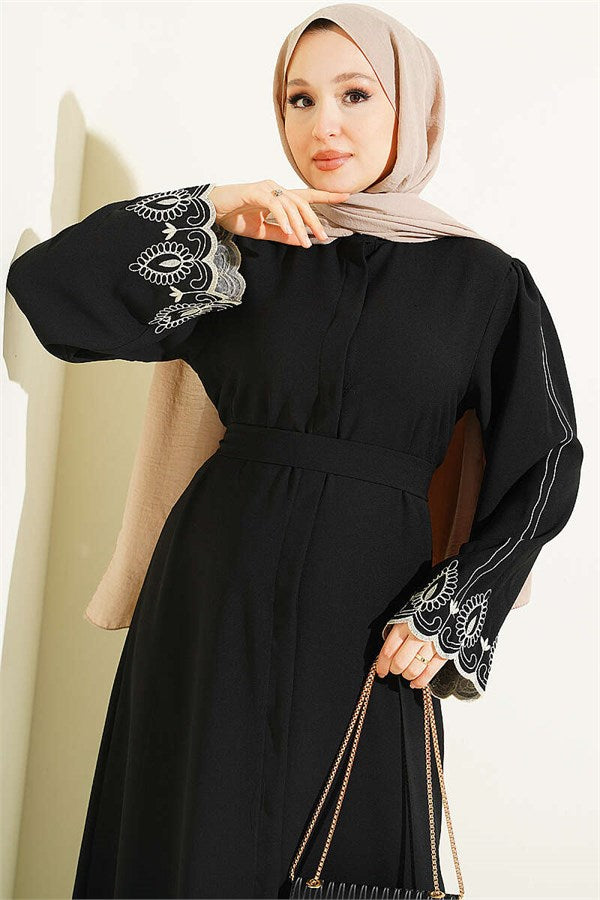 Black Abaya with Embroidered Cuffs and Belt