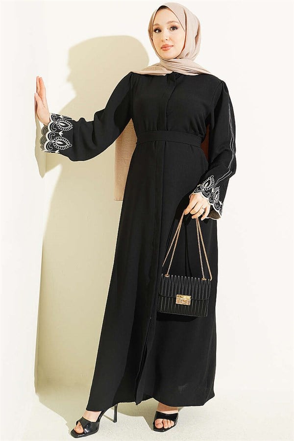 Black Abaya with Embroidered Cuffs and Belt