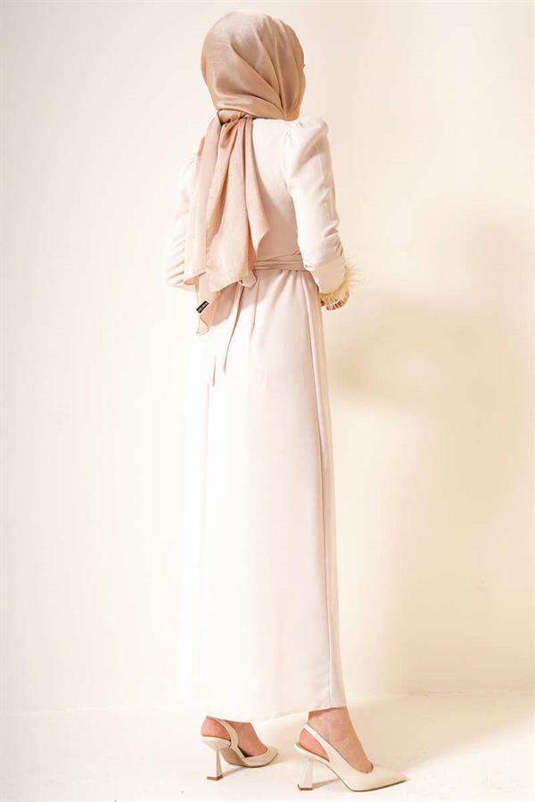 Belted Dress with Feathered Sleeves Beige