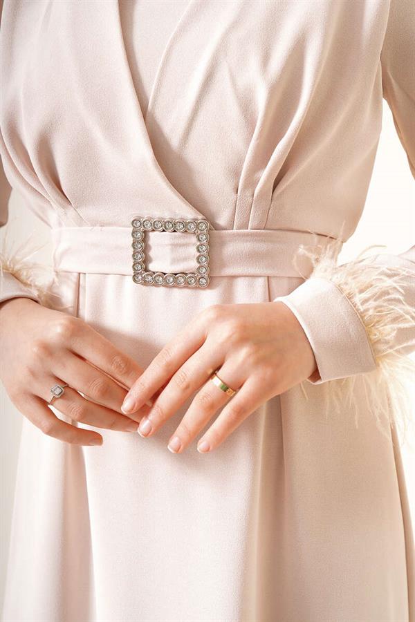 Belted Dress with Feathered Sleeves Beige