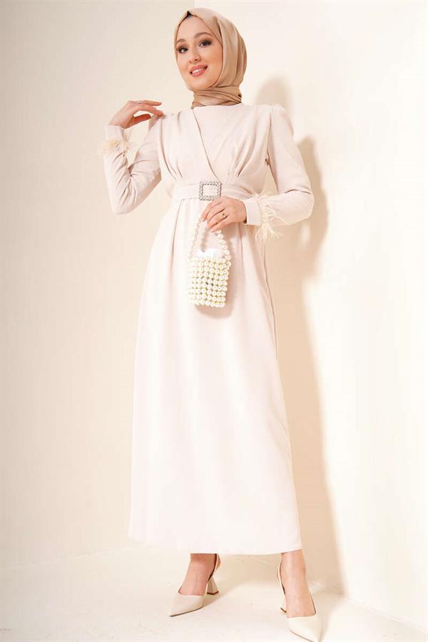 Belted Dress with Feathered Sleeves Beige