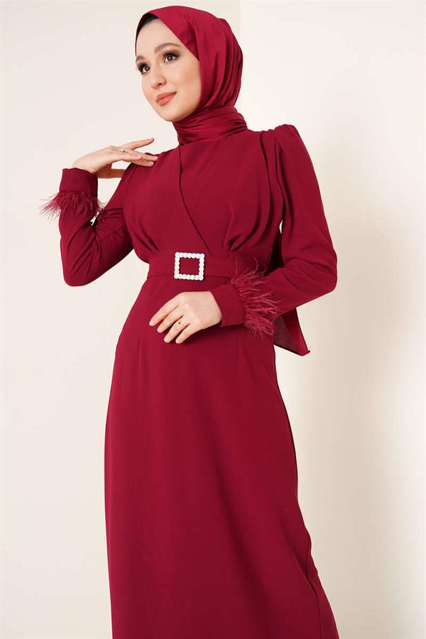 Belted Dress with Feathered Sleeves, Burgundy