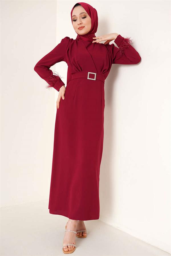 Belted Dress with Feathered Sleeves, Burgundy