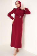 Belted Dress with Feathered Sleeves, Burgundy