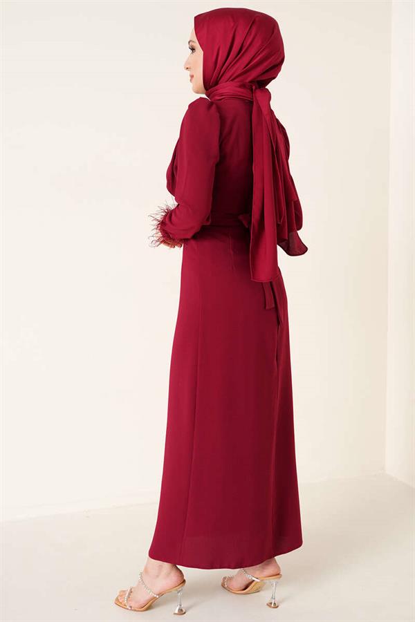 Belted Dress with Feathered Sleeves, Burgundy