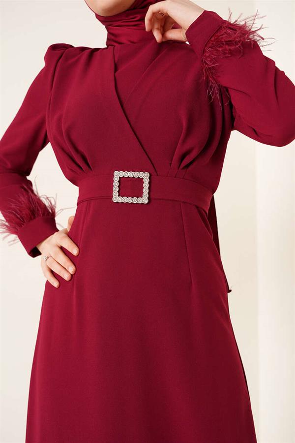 Belted Dress with Feathered Sleeves, Burgundy