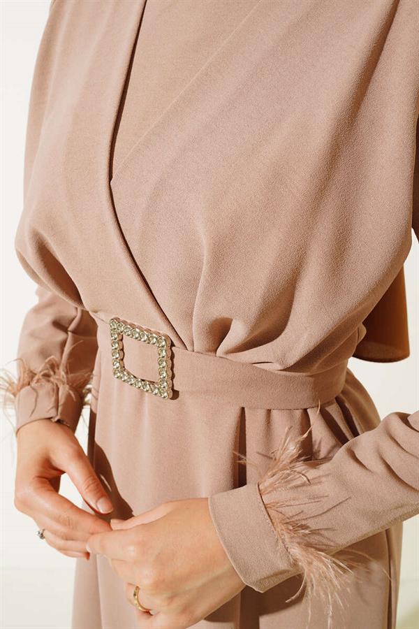 Belted Dress with Feathered Sleeves Camel