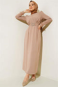 Belted Dress with Feathered Sleeves Camel