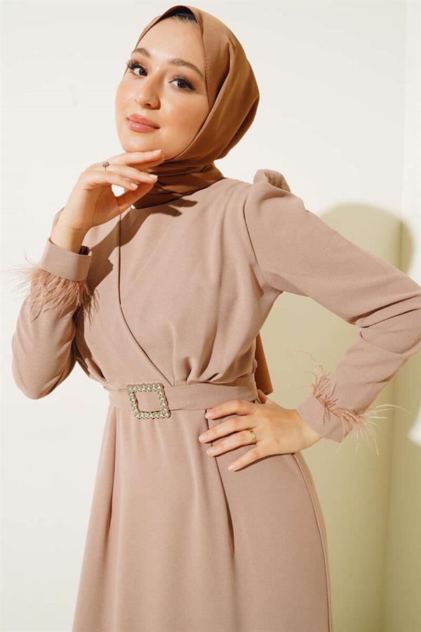 Belted Dress with Feathered Sleeves Camel