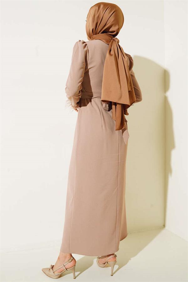 Belted Dress with Feathered Sleeves Camel