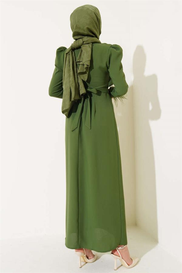 Belted Dress with Feathered Sleeves Khaki
