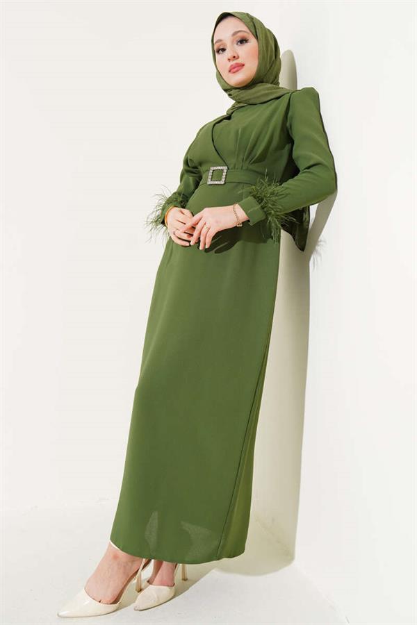 Belted Dress with Feathered Sleeves Khaki