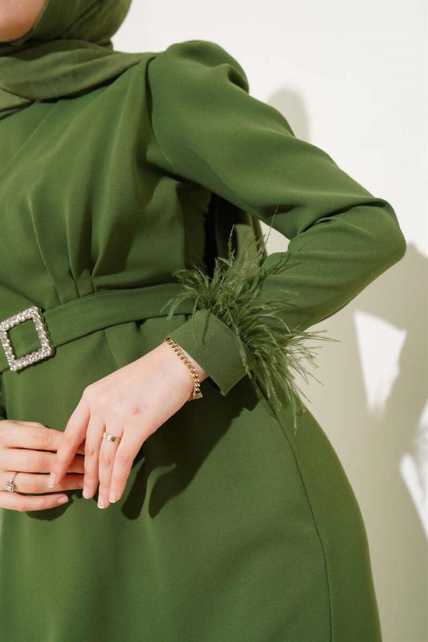 Belted Dress with Feathered Sleeves Khaki