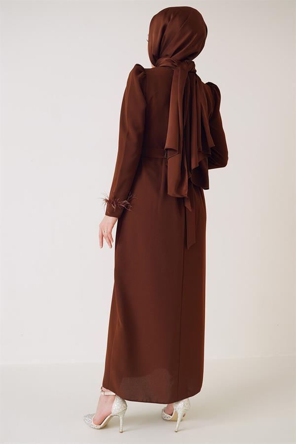 Belted Dress with Feathered Sleeves, Brown