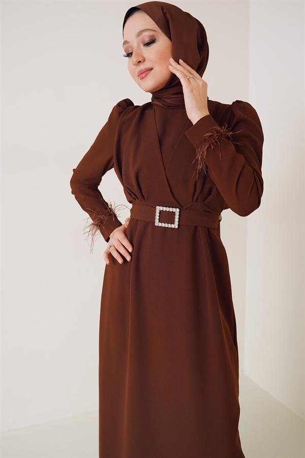 Belted Dress with Feathered Sleeves, Brown