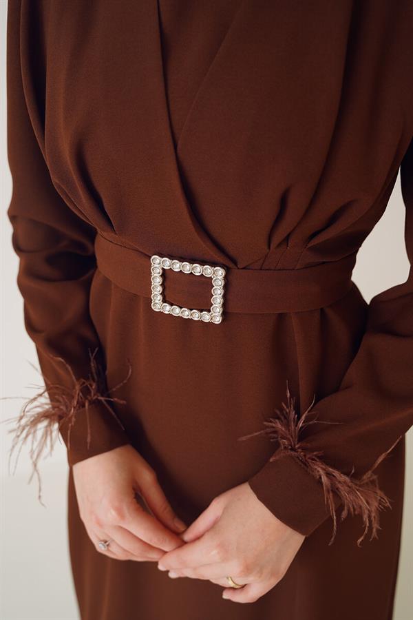Belted Dress with Feathered Sleeves, Brown