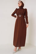 Belted Dress with Feathered Sleeves, Brown