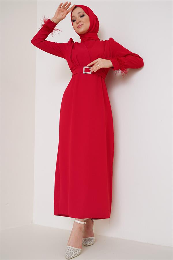 Belted Dress with Feathered Sleeves, Red