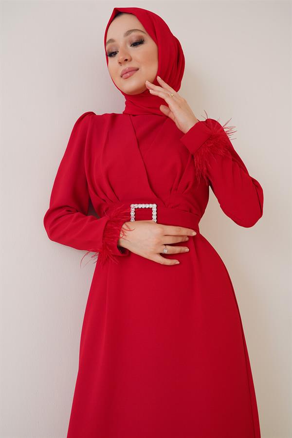Belted Dress with Feathered Sleeves, Red