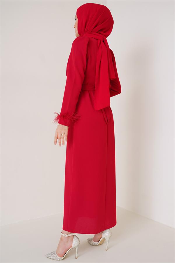 Belted Dress with Feathered Sleeves, Red