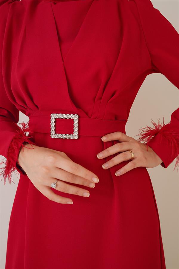 Belted Dress with Feathered Sleeves, Red