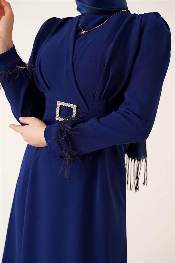 Belted Dress with Feathered Sleeves Navy Blue