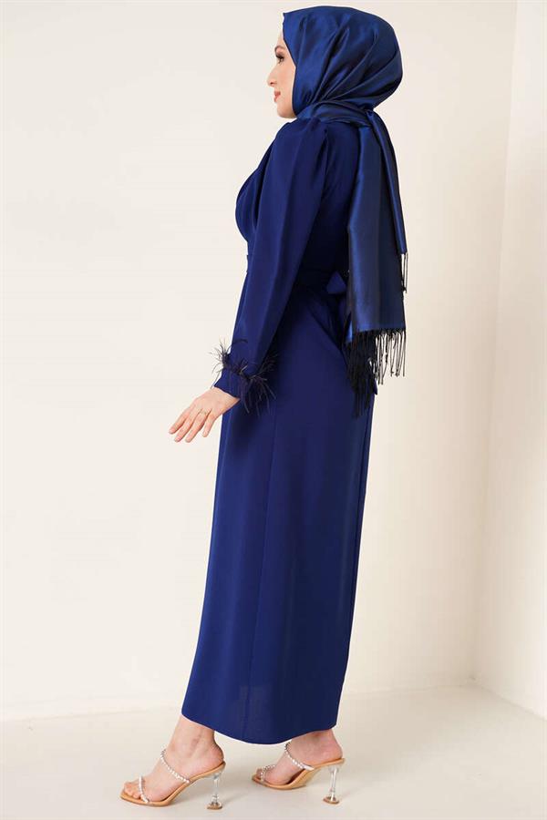 Belted Dress with Feathered Sleeves Navy Blue