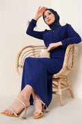 Belted Dress with Feathered Sleeves Navy Blue