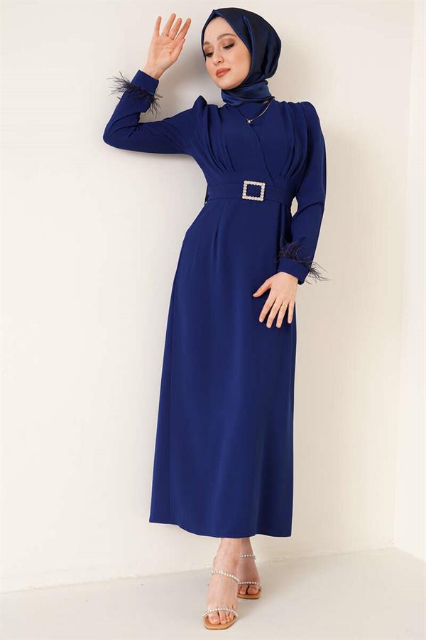 Belted Dress with Feathered Sleeves Navy Blue